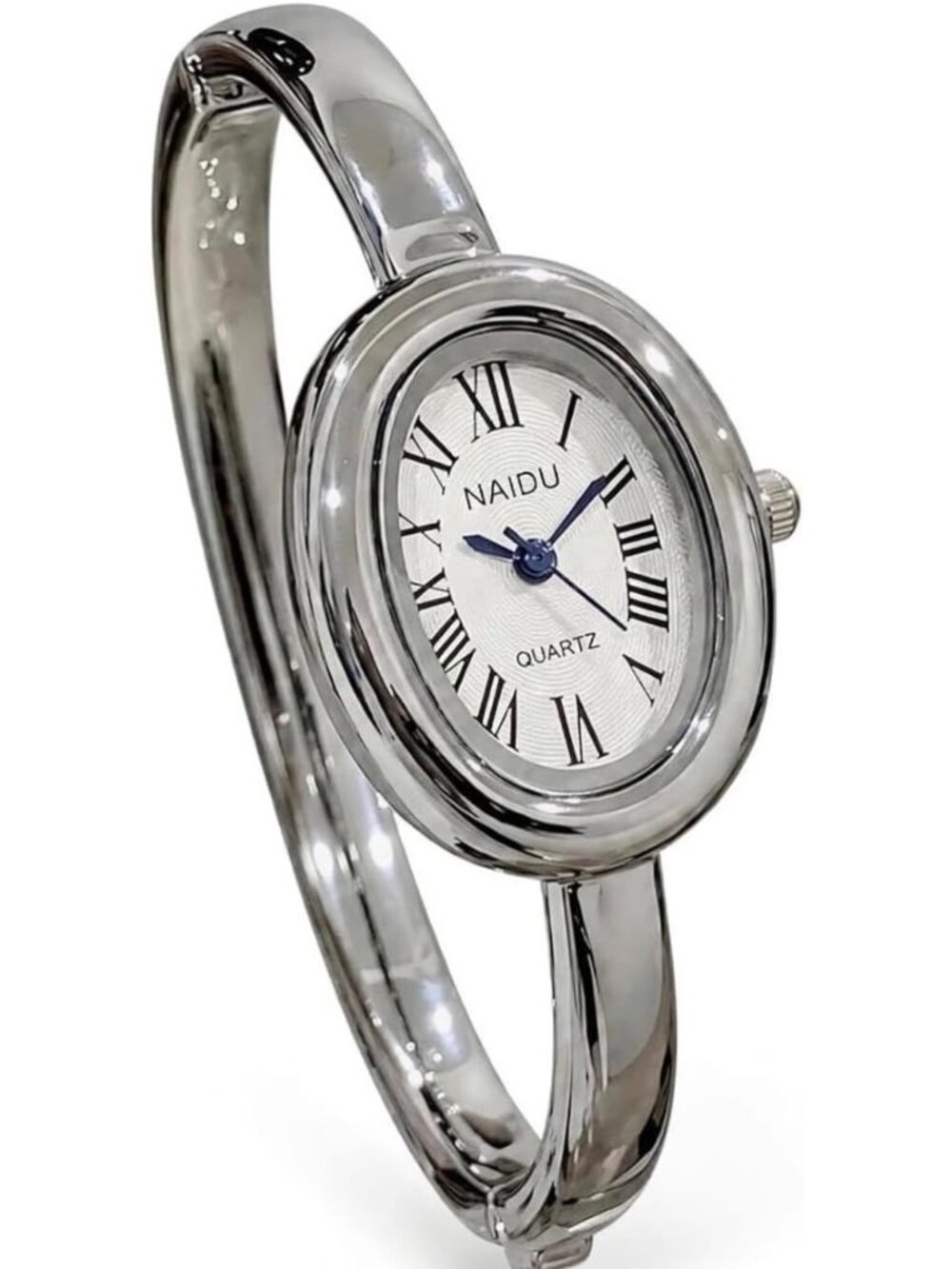 Women's Silver Bangle Bracelet Oval Dial Roman Numeral Elegant Style Wrist Watch